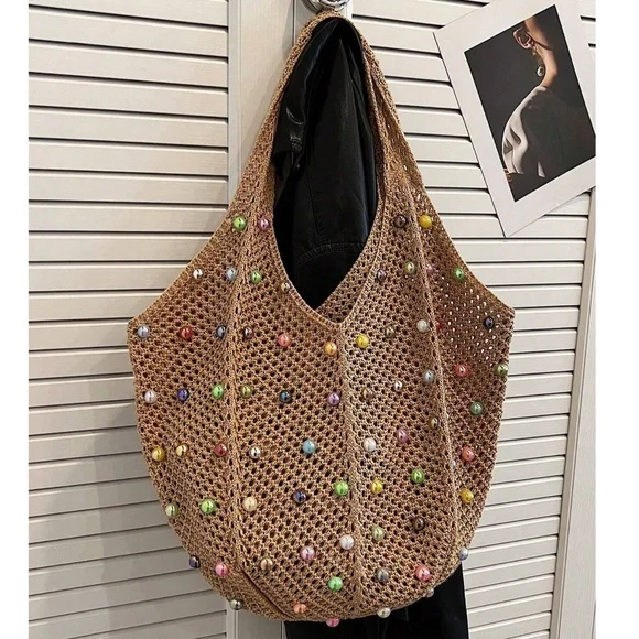 Boho Tan Crochet Multicolor Faux Pearl Shoulder Tote Bag - Picture 3 of 5
